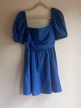100% Cotton Blue Puff Sleeve Square Neck Baby Doll Dress
